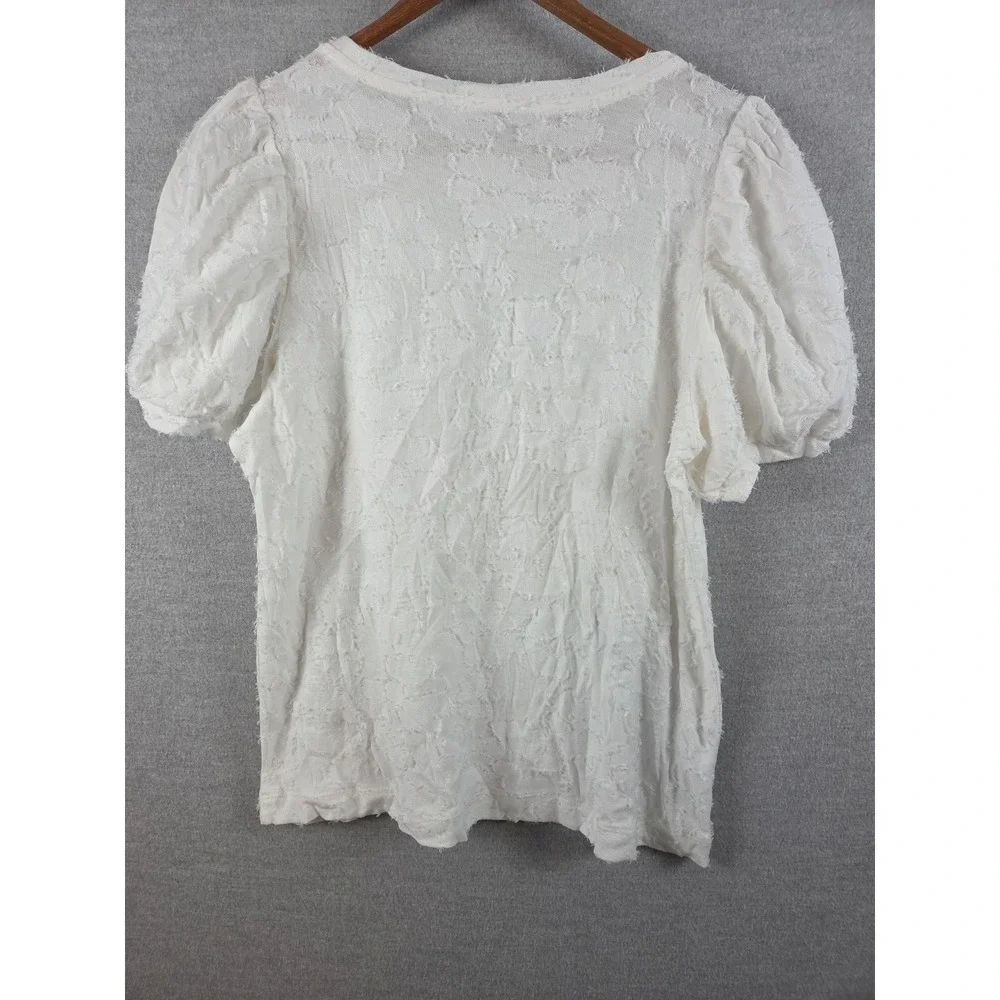 LOFT White Puff Sleeve Top M Petite Textured Fluffy Fabric Cottagecore Fairy NEW